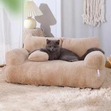 Imagem de Sofá Cama Pet de Pelúcia – Sofá para Gatos e Cães Pequenos, Design Antiderrapante com Capa Removível e Lavável (Cáqui, 55x38x18cm)