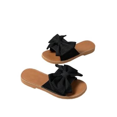 Imagem de GORGLITTER Sandália rasteira feminina com nó de laço, bico aberto, sem cadarço, sem cadarço, Laço preto, 39