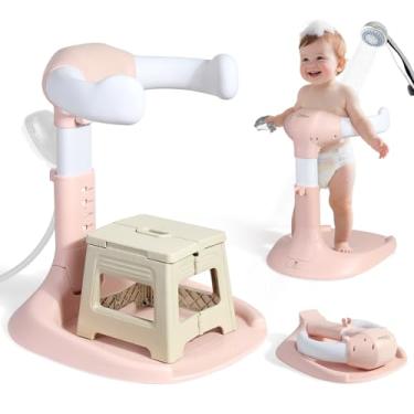 Imagem de Orzbow Suporte de chá de bebê, suporte de banho de bebê de altura ajustável com cadeira dobrável, suporte dobrável para chuveiro infantil de 6 a 36 meses, base antiderrapante, fácil de usar, rosa