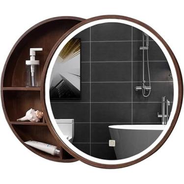 Imagem de Espelho Redondo De Parede De Madeira Maciça Para Banheiro Com Tira De Luz Led Armário De Armazenamento Montado Na Parede, Brown, 70cm(27.6inches)