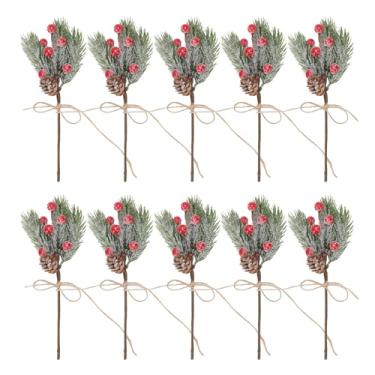 Imagem de Pssopp 10Pcs Natal Holly Rízinhos, Pine Cones Holly Stem Artesanato Greenery Árvore Picaretas para Artesanato Xmas Árvore Ornamentos (Vermelho)