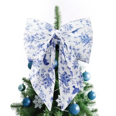 Imagem de Canlierr Grande laço de guirlanda de Natal branco azul 53 x 41 cm laço de tecido grande com padrão floral de pássaro decoração de janela de árvore de Natal ornamentos de Natal para decoração interna e