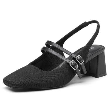 Imagem de NEWBELLA Sapato feminino de salto baixo Mary Jane – Sapato social grosso com bico quadrado e alça de fivela para casamento/dama de honra/escritório, Preto, 36