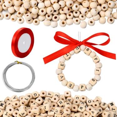 Imagem de 600 peças de guirlanda de Natal, contas de madeira, kit faça você mesmo, 400 contas redondas de madeira, 200 contas do alfabeto, inclui fita vermelha de 22 m e fio de 10 m para artesanato de Natal