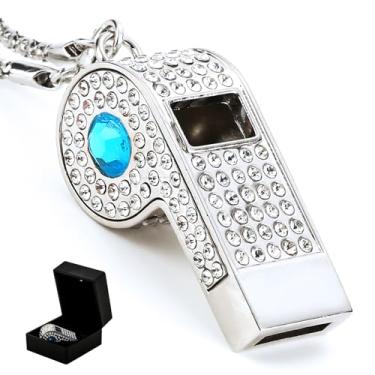 Imagem de Little Syohe Apito de strass prateado, apito de metal brilhante com corrente - presente para árbitros/treinadores/professores/treinamento, caixa de presente premium incluída (cristal azul)