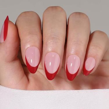 Imagem de RTKHFZE Pregos postiços de ponta vermelha francesa – Unhas falsas curtas de amêndoa com cola, unhas postiças de cobertura total rosa com desenhos, unhas postiças de acrílico brilhante para mulheres e