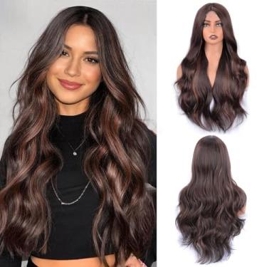 Imagem de Vitorish Peruca longa ondulada ombré para mulheres, 71 cm, parte média, encaracolado, peruca sintética encantadora com cabelo natural ondulado resistente ao calor para uso diário em festas de