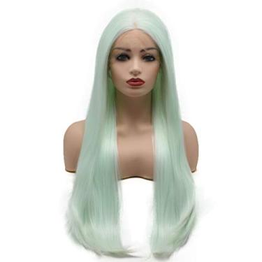 Imagem de Meiyite Perucas de cabelo liso super longo 71 cm verde claro densidade resistente ao calor sintético lace front Wigs