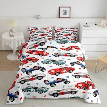 Imagem de jejeloiu Conjunto de edredom com estampa de caminhões de corrida, para crianças, meninos, meninas, branco, vermelho, azul, edredom com bandeira relâmpago, 2 peças com 1 fronha