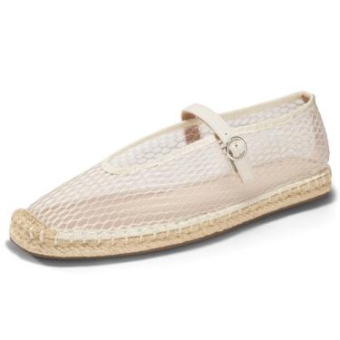 Imagem de Coutgo Alpercatas Femininas Mary Jane Flats Fechadas Biqueira Quadrada Malha Ballet Flats Sapatos Sociais Confortáveis, Bege/Malha, Tamanho 7