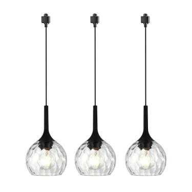 Imagem de VINLUZ Pacote com 3 pingentes de iluminação de trilho preto fosco tipo H Iluminação industrial de ilha de cozinha com persianas de vidro caneladas, lustre suspenso para sala de jantar