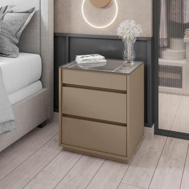 Imagem de Mesa de Cabeceira 3 Gavetas com Organizador Tampo Vidro Belize  Cinza