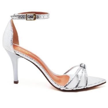 Imagem de Sandália Feminina Salto Médio Bico Folha Prata Com Nozinho - Ellas Onl