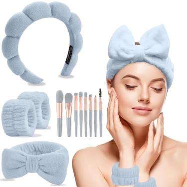 Imagem de CAZYTOYZ Conjunto de faixas de cabelo femininas Sponge Spa, escova de maquiagem inchada, conjunto de faixa de cabeça para lavar o rosto, toalha macia, cuidados com a pele, faixa de cabelo fofa para