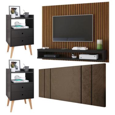 Imagem de Painel Suspenso TV Até 50 Polegadas Cissa Sala Cabeceira Estofada Cama Box Casal 1,40 Luana Kit 2 Mesinhas Retrô Gavetas Nicho Dream Quarto - RPM
