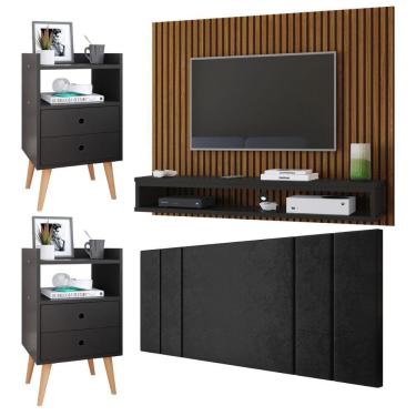 Imagem de Painel Suspenso TV Até 50 Polegadas Cissa Sala Cabeceira Estofada Cama Box Casal 1,40 Luana Kit 2 Mesinhas Retrô Gavetas Nicho Dream Quarto - RPM