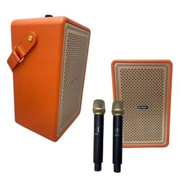 Imagem de Caixa de Som Karaokê Portátil, 100W PMPO, Bluetooth 5.3, 2 Microfones sem Fio, LED (Laranja)