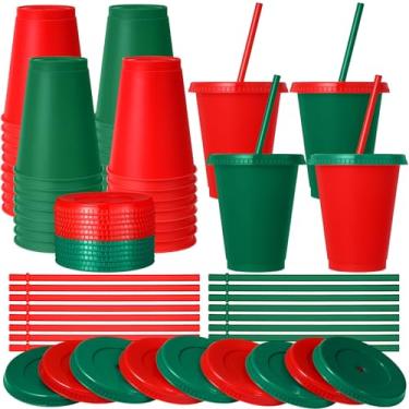 Imagem de Skylety 16 peças de copos de plástico de Natal com tampas e canudos 473 ml copos de plástico verde vermelho copos de café de Natal copo reutilizável garrafa de água suprimentos de festa de feriado