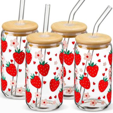Imagem de Conjunto de copos de vidro DWTS Strawberry Design com tampas e canudos