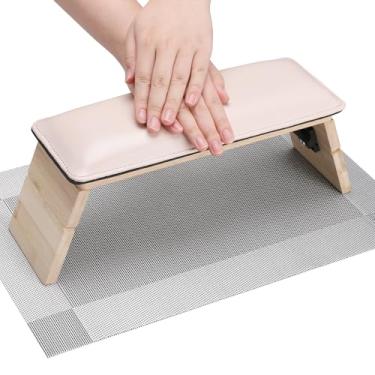 Imagem de Segbeauty Descanso de mão ajustável rosa, descanso de braço dobrável de couro PU de madeira de 3 camadas para unhas, suporte de mão portátil de manicure para tecnologia de unhas com tapete de mesa