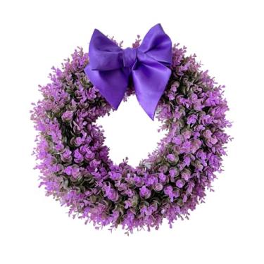 Imagem de LNGODEHO Guirlanda de eucalipto roxa de 53 cm de diâmetro, guirlanda de buxo artificial de primavera com laço roxo para decoração de Natal de casa de fazenda