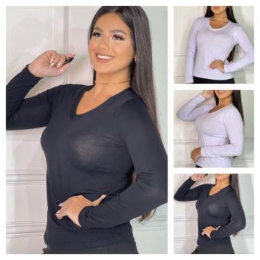Imagem de Kit 4 Blusas de frio Feminina Gola V Manga Longa Segunda Pele - GK, Pr