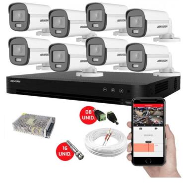 Imagem de Kit CFTV 8 Câmeras de Segurança Hikvision Colorvu Imagens Noturnas Coloridas Full HD 1080p s/hd