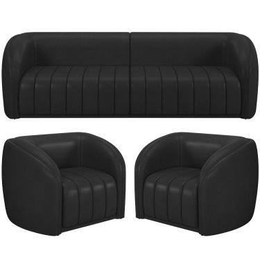 Imagem de Kit Sofá 4 Lugares Para Sala de Estar 332 cm Com 01 Poltrona Lazio M03 Corano Preto - Lyam Decor