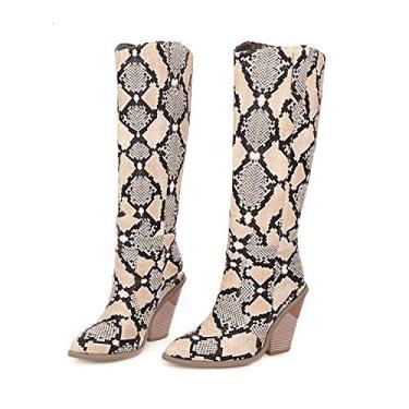 Imagem de Bigfanshu Botas femininas de caubói ocidental com estampa de cobra estilo estranho salto alto outono inverno conforto atlético ocasião sapatos elásticos até o joelho clima frio e botas de shearling, Bege, 5