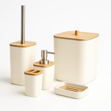 Imagem de Conjunto de Banheiro Moderno, 5 Peças, Branco com Bambu, Lixeira, Escova Sanitária, Porta Escova de Dentes, Dispenser de Sabonete Líquido e Saboneteira