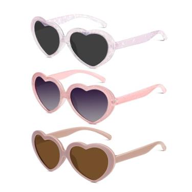 Imagem de QALLY Óculos de sol infantis polarizados para o coração: óculos de sol para meninas com proteção UV para crianças pequenas, pacote com 3 a 12 anos, Rosa + rosa translúcido + rosa leitoso, Medium