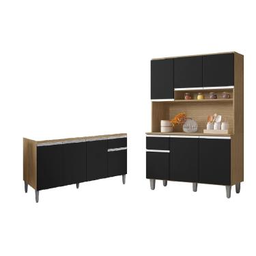 Imagem de Cozinha Compacta Márcia com Balcão Gabinete Tati 150m para Pia Sem Tampo Amêndoa/Preto - AJL