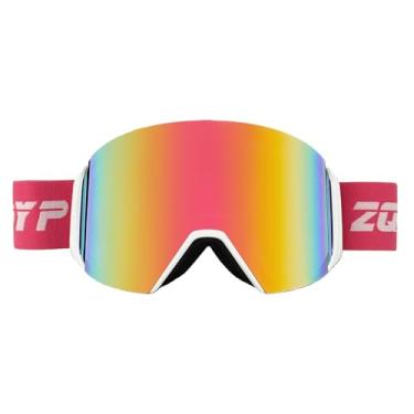 Imagem de YMTSGEQ Óculos de esqui, lentes magnéticas intercambiáveis antiembaçamento 100% proteção UV400 OTG óculos de neve para homens e mulheres (armação branca alça rosa - lente vermelha gradiente Revo (Vlt