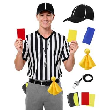 Imagem de SOMSOC Conjunto de fantasia de árbitro com 6 peças, gola V, camisa de árbitro, chapéu, bandeira de penalidade, apito, saco de areia para futebol e futebol