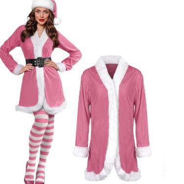 Imagem de Sureio 4 peças fantasia de Papai Noel para mulheres, vestido de Natal, cosplay, roupa de veludo com cinto, meia-calça listrada orelhas de elfo (rosa, branco)