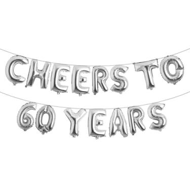 Imagem de Cheers to 60 Years Banner Foil 60º aniversário balão decorações de festa para ele/ela 60 anos decorações de aniversário suprimentos de festa de casamento para homens/mulheres (CHEERS TO 60 YEARS prata