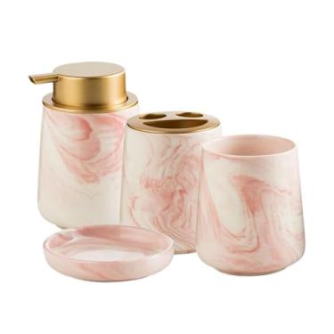 Imagem de Dispensador de sabão Dispensador de sabonete cerâmica com padrão mármore, conjunto quatro peças, produtos higiene pessoal luxo para banheiro(Pink)