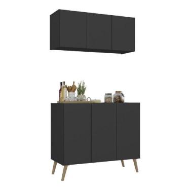 Imagem de Kit Armário Cozinha Aéreo Balcão 3 Portas Retrô Mp2168 Preto/natural -