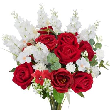 Imagem de HUAESIN Buquê de rosas artificiais para o dia dos namorados, hastes de flores falsas com palitos de coração vermelho com jacinto, arranjos florais falsos para ambientes internos para decoração de