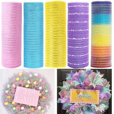 Imagem de JStnana 5 rolos de fita de malha de Páscoa para grinalda, 25 cm x 7,6 m por rolo, rolos de malha decorativa de folha metálica rosa claro azul amarelo roxo bola de neve arco-íris para decoração de chá
