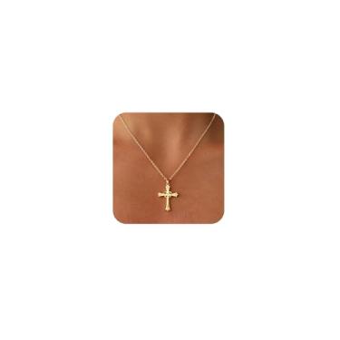 Imagem de Amicon Colar feminino com cruz de ouro delicado banhado a ouro 14 K com pingente de cruz de diamante simples, colares de cruz com pingente de fé, joias modernas, presentes, Latão, Sem Pedra Preciosa