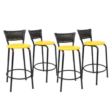 Imagem de Kit 4 Banco Para Bancada Cozinha Gourmet Estrutura Preta Encosto Junco Preto Balcão Ilha Bar Banqueta 60cm Itagold (Assento Amarelo)