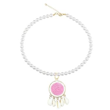 Imagem de Anmpab Colar de concha boêmia, redondo, com pingente de pérola, tecido de grama, para mulheres, joias étnicas tribais, Large, Metal, Sem Pedra Preciosa