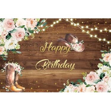Imagem de ZJRBJB 3 x 2,4 m caubói decoração de festa de aniversário ocidental pano de fundo de madeira marrom do oeste selvagem flor rosa fundo de chá de bebê chapéu botas de madeira rústica chapéu