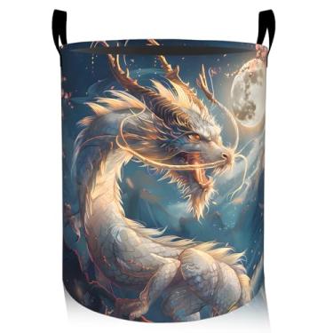 Imagem de ainori Cesto de roupa suja floral de dragão mítico, pano Oxford, roupas sujas, cesto dobrável para decoração de quarto, presente com estampa de lua e flor, organizador de brinquedos 40 x 40 cm para