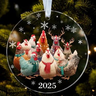 Imagem de Enfeite de Natal de galinha - Enfeite de Natal de animais de fazenda de acrílico - Engraçado - Amante de galinhas - Lembrança fofa de Natal - Decoração de árvore de Natal