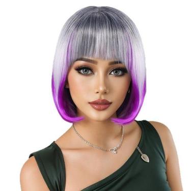 Imagem de Peruca Short Bob de 30 cm com franja em tons pastel, rosa e roxo - yiw