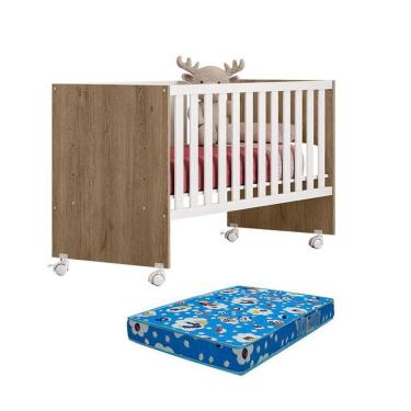 Imagem de Berço Nacional Doce Sonho 3540 Carvalho Rústico Toq Branco Colchão - Qmovi