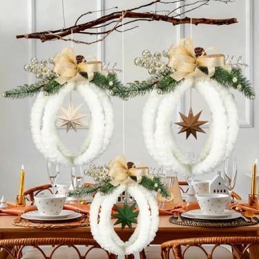 Imagem de Chunful Pacote com 3 guirlanda de Natal de pelúcia branca embrulhada em fio rústico decoração de Natal com guirlanda de Natal de LED com arco de estrela neutra ramos de pinhas para decoração de Natal