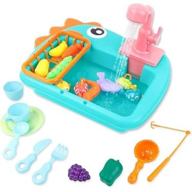 Imagem de Brinquedo Infantil Pia com Pescaria, Torneira com Água, Conjunto de Brinquedo Educativo em Azul Turquesa, Acessórios de Cozinha e Pesca para Crianças
